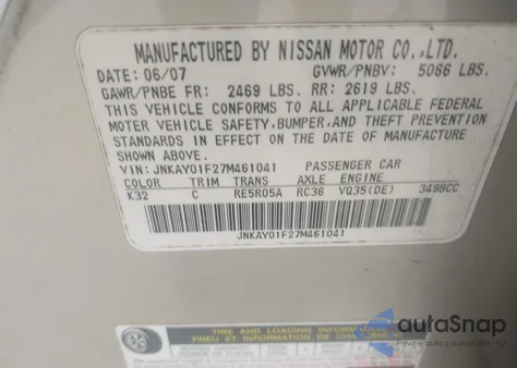 2007 Infiniti M35X z USA, uszkodzony, nr VIN JNKAY01F27M461041